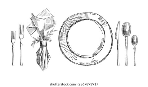 Eine Reihe von Gerichten für den Hochzeitstisch. Schwarz-Weiß-Skizze. Vektorgrafik