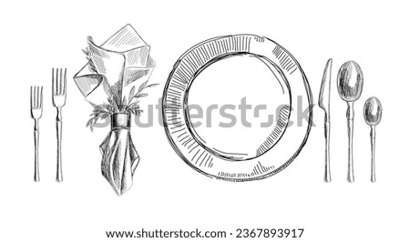 A set of dishes for the wedding table. Black and white sketch. Vector