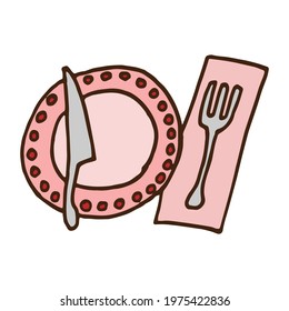set of dishware illustration on white background. doodle art for logo, label, cover, poster, banner, advert, brand, clipart. hand drawn vector. plate, knife, napkin and fork icon. decorative design. 