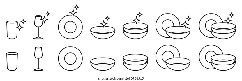 Conjunto de iconos lineales de vajilla aislados sobre fondo transparente. Platos y vasos limpios delinean símbolos. Diseño de Vector simple ideal para conceptos de cocina, cocina y limpieza. Trazo editable.
