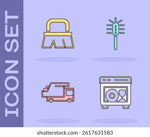 Set Dishwasher machine, Brush for cleaning, Garbage truck and Toilet brush icon. Vector