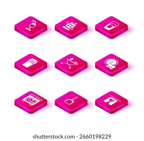 Set Dishwasher machine, Dustpan, Trash can, Iron and ironing board, Drying clothes, Washing dishes, Bucket with rag and Clean vase icon. Vector