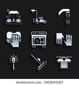 Set Dishwasher machine, Mop, Drying clothes, Rubber gloves, Toilet brush, Cleaning service, Shower head and Home cleaning icon. Vector