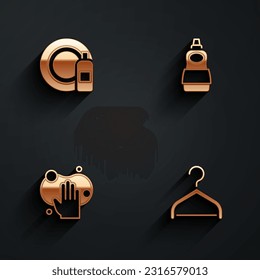 Set Dishwashing bottle and plate, liquid, Sponge and Hanger wardrobe icon with long shadow. Vector