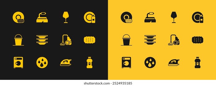 Set Dishwashing bottle and plate, Water drop, Vacuum cleaner, Electric iron, Washing dishes, Wine glass,  and Brush for cleaning icon. Vector