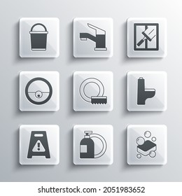 Set Dishwashing liquid bottle, Bar of soap, Toilet bowl, Washing dishes, Wet floor, Robot vacuum cleaner, Bucket and Rubber for windows icon. Vector