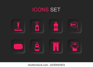 Set Dishwashing liquid bottle, Cleaning spray with detergent, Rubber cleaner for windows, Drying clothes, Toilet paper roll, Bottle and Sponge icon. Vector
