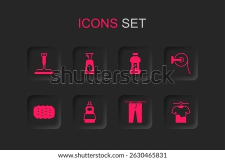 Set Dishwashing liquid bottle, Cleaning spray with detergent, Rubber cleaner for windows, Drying clothes, Toilet paper roll, Bottle and Sponge icon. Vector