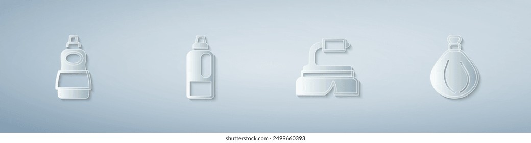 Set Dishwashing liquid bottle, Bottle for detergent, Brush cleaning and Garbage bag. Paper art style. Vector