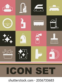 Set Dishwashing liquid bottle, Handle broom, Mop bucket, Brush for cleaning, Robot vacuum cleaner, Wet wipe pack and Sponge icon. Vector