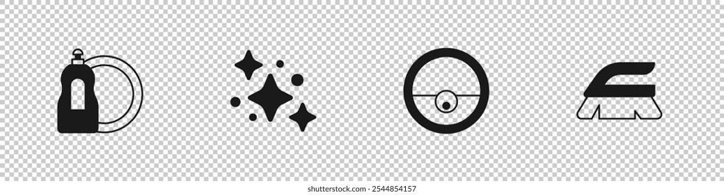 Definir garrafa de líquido para lavar louça, Serviço de limpeza doméstica, Aspirador de robôs e Escova para ícone. Vetor