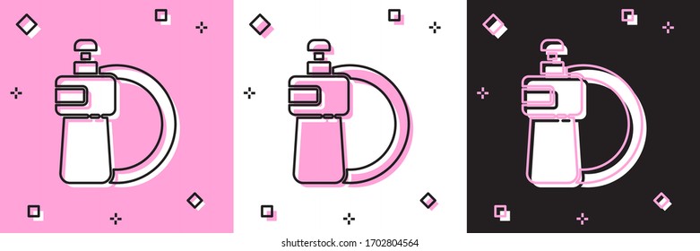 Coloque el icono del frasco líquido lavavajillas y el icono de la placa aislado sobre fondo negro y rosa y blanco. Detergente líquido para lavar platos. Ilustración vectorial