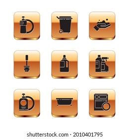 Set Dishwashing liquid bottle and plate, Bathtub, Fabric softener, Toilet brush, Washing hands with soap, Kitchen dishwasher machine and Trash can icon. Vector
