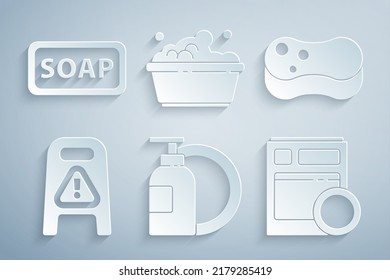 Set Dishwashing Liquid Bottle And Plate, Sponge, Wet Floor Cleaning Progress, Kitchen Dishwasher Machine, Plastic Basin With Soap Suds And Bar Of Icon. Vector