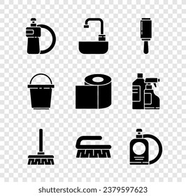 Set Dishwashing liquid bottle and plate, Washbasin with water tap, Adhesive roller, Handle broom, Brush for cleaning, Bucket and Toilet paper icon. Vector