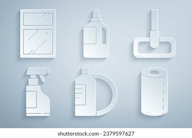 Set Dishwashing liquid bottle and plate, Mop, Spray with detergent, Paper towel roll, Fabric softener and Cleaning service for windows icon. Vector