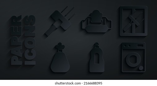 Set Dishwashing Liquid Bottle, Rubber Cleaner For Windows, Garbage Bag, Washer, Wet Wipe Pack And Vacuum Icon. Vector