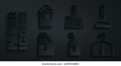 Set Dishwashing liquid bottle, Rubber plunger, Bottle for cleaning agent, Hanger wardrobe, Handle broom and Bucket with foam icon. Vector