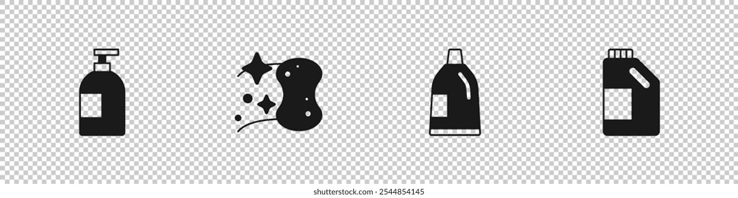 Set Vajilla botella de líquido, esponja, botella para el agente de limpieza y el icono. Vector