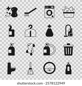 Set Dishwashing liquid bottle, Trash can, Vacuum cleaner, Washer, Hanger wardrobe, Sponge and Garbage bag icon. Vector