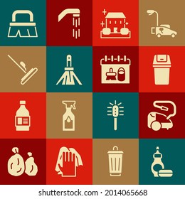 Set Dishwashing liquid bottle, Vacuum cleaner, Trash can, Home cleaning service, Handle broom, Mop, Brush for and Cleaning calendar icon. Vector