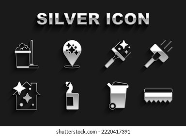 Set Dishwashing liquid bottle, Vacuum cleaner, Sponge, Trash can, Home cleaning service, Rubber for windows, Mop and bucket and  icon. Vector