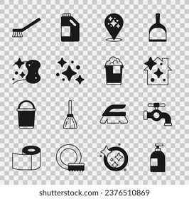 Set Dishwashing liquid bottle, Water tap, Home cleaning service, Sponge, Brush for and Bucket with foam icon. Vector