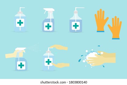 Set of  Disinfectant or disinfection from viruses, antiseptic, hand sanitizer bottles,  spray,  antibacterial soap, gloves, Vector illustration eps 10  isolated on blue easy to edit. 

