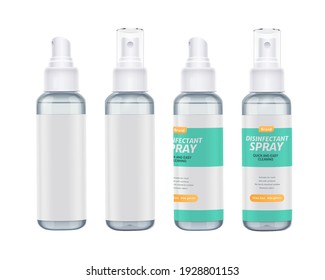 Set of disinfectant spray bottles in 3d illustration, elements isolated on white background, two with label design and two without