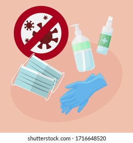 
A set of disinfectants to protect against coronavirus. latex gloves. antiseptic. soap. medical mask