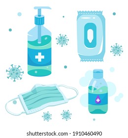 A set of disinfectants and protective agents during the coronavirus. Gel, soap, bactericidal wipes, medical mask. Vector illustration.
