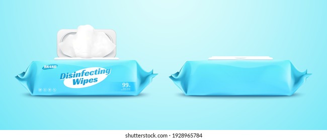 Set of disinfecting wipes packets isolated on blue background, one with label design and other without in 3d illustration