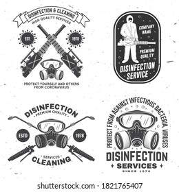 Set of Disinfection and cleaning services badge, logo, emblem. Vector. For professional disinfection and cleaning company. Vintage typography design with disinfectant worker and respirator, sprayer