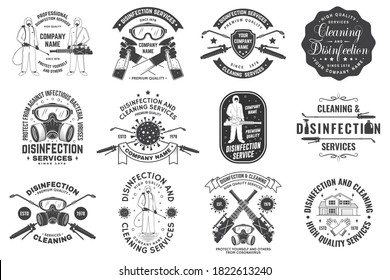 Set of Disinfection and cleaning services badge, logo, emblem. Vector. For professional disinfection and cleaning company. Vintage typography design with disinfectant worker and respirator, sprayer