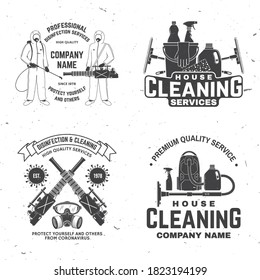 Set of Disinfection and cleaning services badge, logo, emblem. Vector. For professional disinfection and cleaning company. Vintage typography design with disinfectant worker and respirator, sprayer