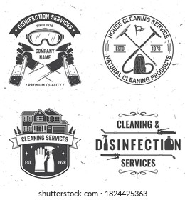 Set of Disinfection and cleaning services badge, logo, emblem. Vector. For professional disinfection and cleaning company. Vintage typography design with disinfectant and cleaning equipments