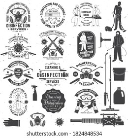 Set of Disinfection and cleaning services badge, logo, emblem. Vector. For professional disinfection and cleaning company. Vintage typography design with disinfectant worker and respirator, sprayer