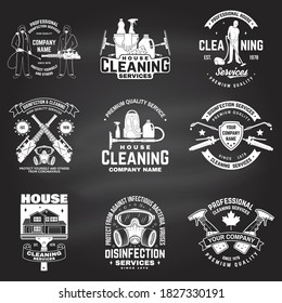 Set of Disinfection and cleaning services badge, logo, emblem. Vector. For professional disinfection and cleaning company. Vintage typography design with disinfectant and cleaning equipments