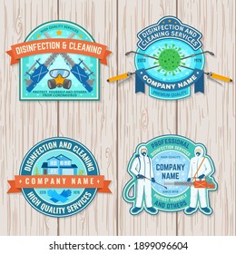 Set of disinfection and cleaning services patch, logo, emblem. Vector For professional disinfection and cleaning company. Vintage typography design with disinfectant worker , respirator and sprayer