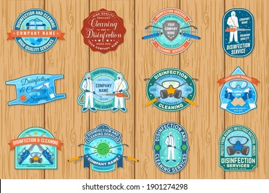 Set of disinfection and cleaning services patch, logo, emblem. Vector For professional disinfection and cleaning company. Vintage typography design with disinfectant worker , respirator and sprayer