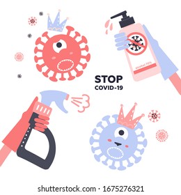 Set of Disinfection coronavirus. Stop 2019-nCoV. Hand in glove spray kills a virus bacterium character with sanitizer bottle. Disinfectant solution. Vector chidish illustration. Prevention epidemic