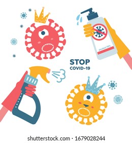 Desinfektionskoronavirus. Stopp 2019-nCoV. Hand in Handschuh-Spray tötet einen Virus-Bakteriencharakter mit sanitisierender Flasche. Desinfektionslösung. Vektorillustration chidisch. Präventivepidemie