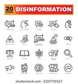 Conjunto de iconos vectoriales de desinformación. Iconos perfectos para un sitio web. Luchar con noticias falsas. ¡Piensa crítico!