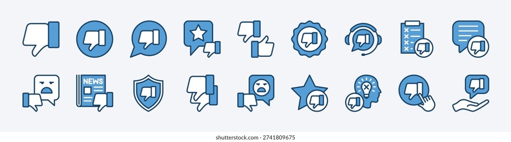 Set of dislike button icon. Thumb down sign and symbol. Contains feedback, review, satisfaction, support, evaluation, comment, news, security, rating, idea, decision, badge - vector illustration