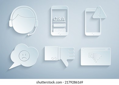 Set Dislike, Mobile With Exclamation Mark, Speech Bubble Sad Smile, No Internet Connection, Question And Exclamation And Man Headset Icon. Vector