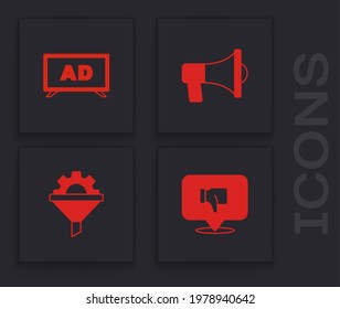 Set Dislike in speech bubble, Advertising, Megaphone and Sales funnel with gear icon. Vector