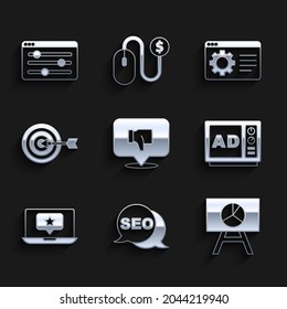 Set Dislike in Sprache Blase, SEO-Optimierung, Board mit Graph-Diagramm, Werbung, Laptop-Stern, Ziel, Browser Einstellung und Symbol. Vektorgrafik