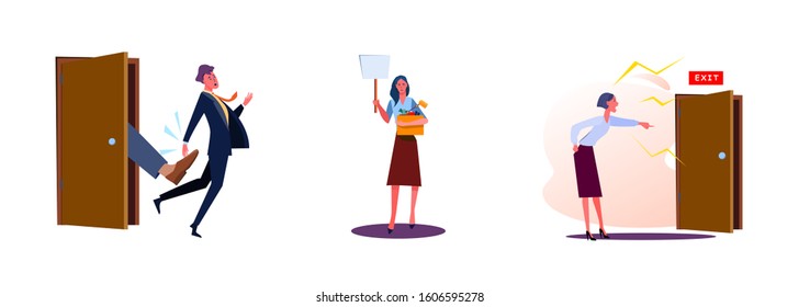 Set of dismissing employees. Flat vector illustrations of man kicked out of work, woman carrying box with her things. Career failure concept for banner, website design or landing web page