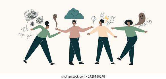 Set of disorder and panic african girl. Depressed and frustrated black woman with nervous problem feel anxiety and confusion of thoughts. Mental health problems concept. Cartoon flat illustration