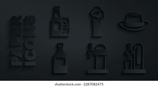 Set Dispenser beer, Oktoberfest hat, Beer bottle, tap with glass, Glass of and and can icon. Vector